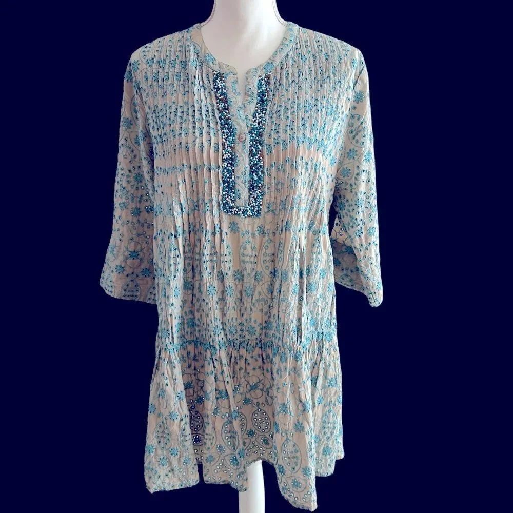 Janis Peace and Love Vintage Embroidered Eyelet Top Tunic Dress Size Large - Picture 7 of 10